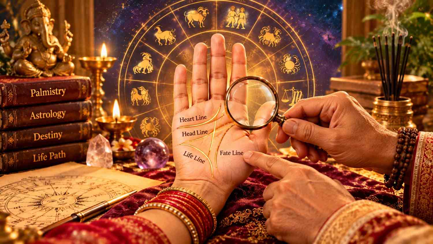 Palmistry reading alongside an astrology chart